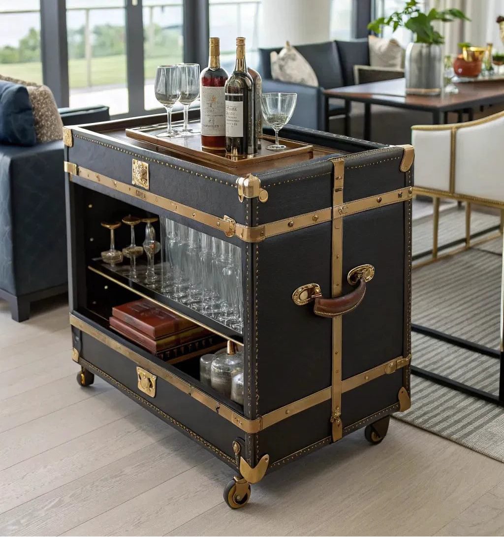 A black vintage-style bar cart with brass hardware and wheels, styled in a modern living room with a wine bottle, glasses, and a tray on top.
