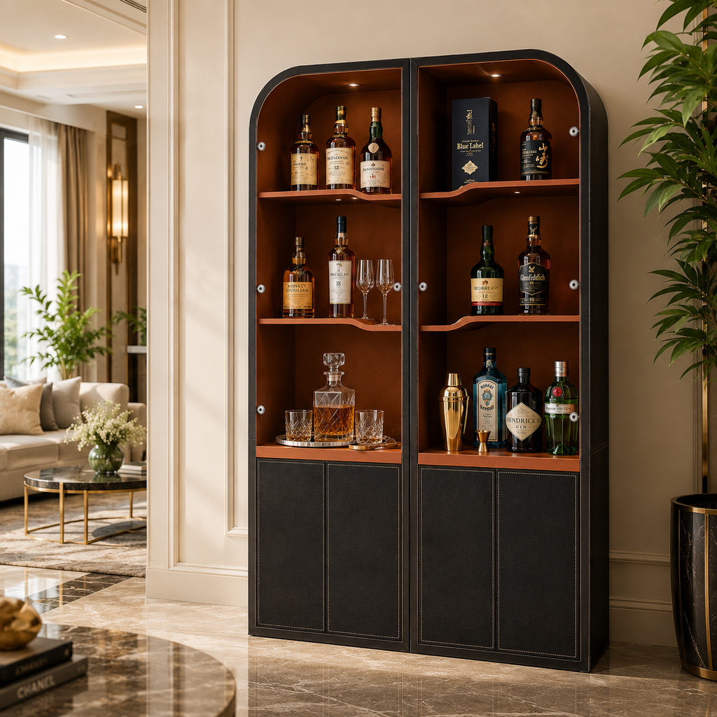 Panama Cognac Leather Wall Bar Cabinet